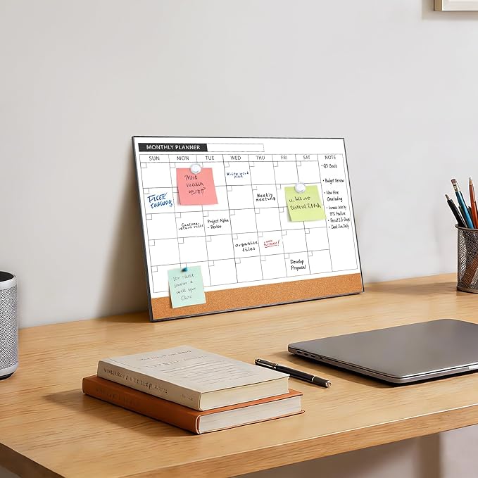 ARCOBIS Dry Erase Calendar with Cork Board for Wall, 11.6"x 15.7" Magnetic Calendar Whiteboard with Black Frame, Monthly Combination Board for School, Home, Office