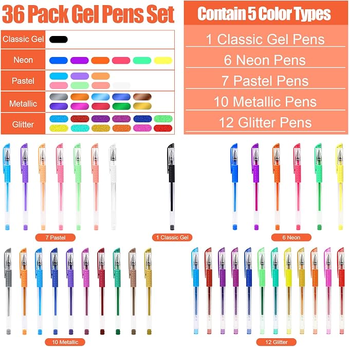 TANMIT 36 Colors Gel Pens Set for Adult Coloring Books with 40% More Ink | Juicy & Smooth Coloring Pens Great for Doodling, Journaling and Drawing