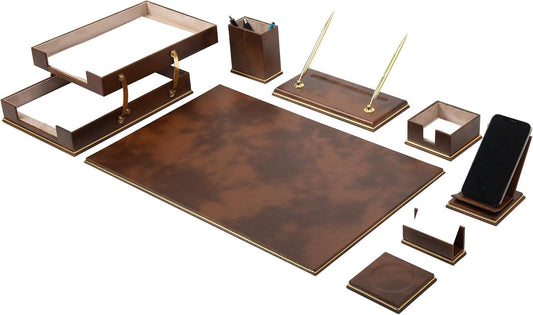 Cloud Luxury Leather Desk Set – 10 Piece Executive Desk Organizer with Desk Pad, Double Document Tray, Pen Holder, Memo Holder, Business Card Holder & Phone Stand – Gold Office Accessories (Tan)