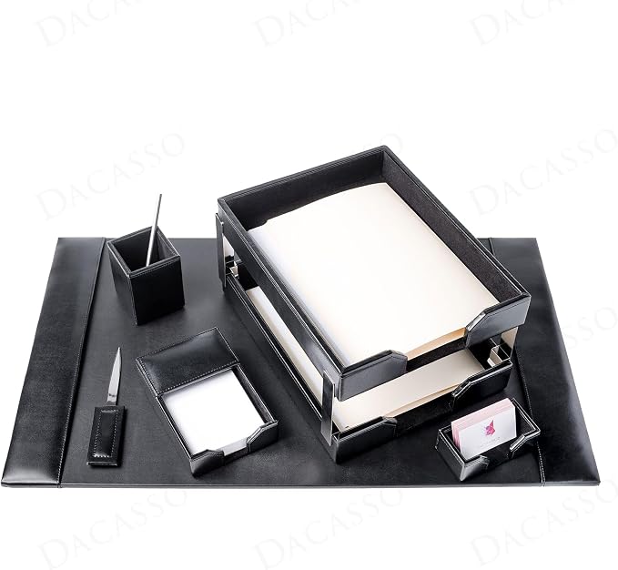 Dacasso Black Bonded Leather 8-Piece Desk Accessory Set - Organization Essentials & Executive Decor - Luxury Leather Blotter for Office Organization