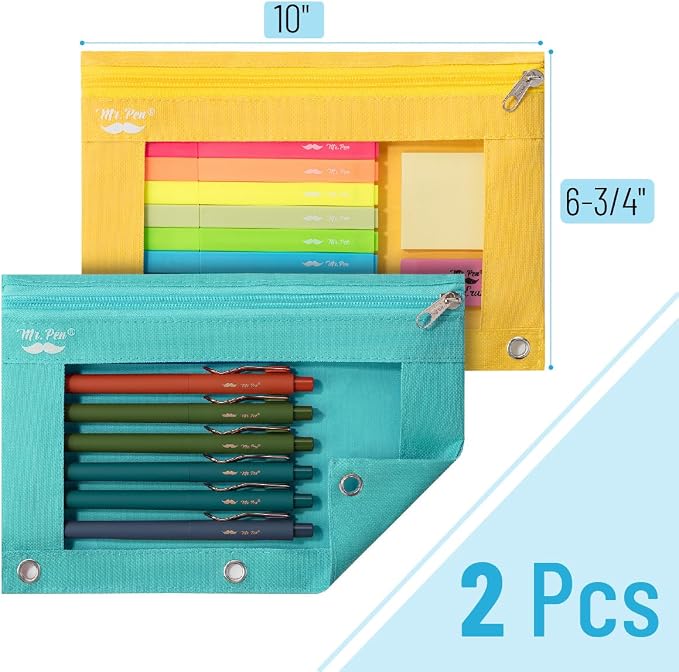 Mr. Pen- Pencil Pouch for 3 Ring Binder, 2 Pack, 10"x6.75", Smooth Zipper | Clear Window, Large Capacity Pencil Case with 3 Reinforced Grommets for School, Office, Supplies Storage | Clear Window, Large Capacity Pencil Case with 3 Reinforced Grommets f...