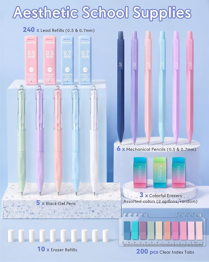 XKDOUS Cute Aesthetic School Supplies, Mechanical Pencils 0.5 & 0.7mm with 240 Lead Refills, 5 Black Gel Pens, Colored Index Stickers Stationery Set for Writing Drawing Office
