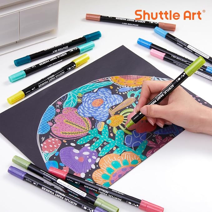 Shuttle Art 28 Metallic Colors Dual Tip Acrylic Paint Markers, Brush Tip and Dot Tip Acrylic Paint Pens for Rock, Ceramic, Wood, Canvas, Plastic, Glass, Stone, Calligraphy, Card, DIY Football Crafts
