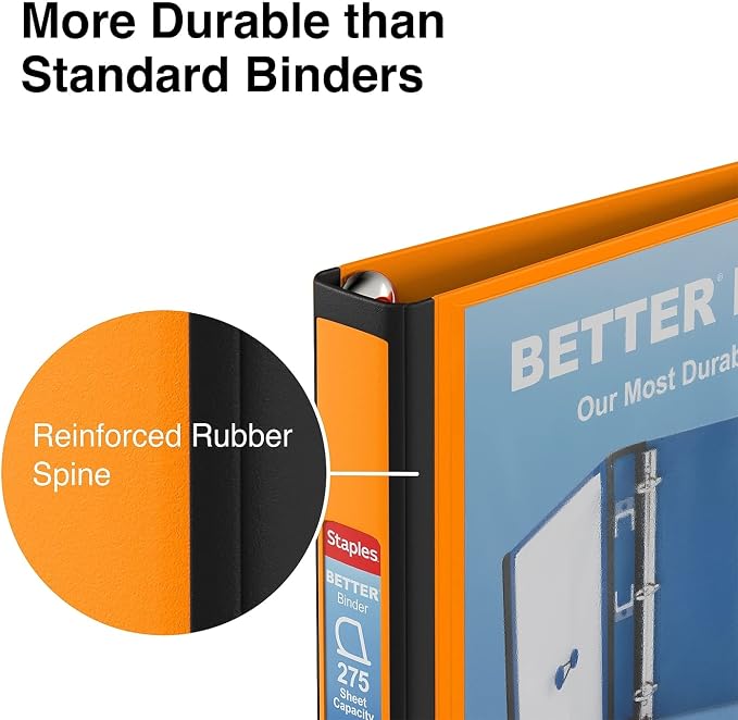 Staples Better Binder, 1" Heavy‑Duty D‑Ring 3‑Ring Binder, Orange, Reinforced Spine, 275‑Sheet Capacity, Durable Organizer for Classes, Office & Projects, 3‑Pack