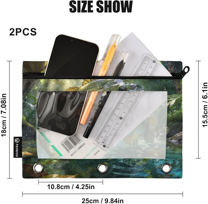 Largemouth Bass Fish Pencil Pouches for 3 Ring Binder, Zipper Binder Pencil Case, 2 Pack Clear Window Case Bag for Office Organizers