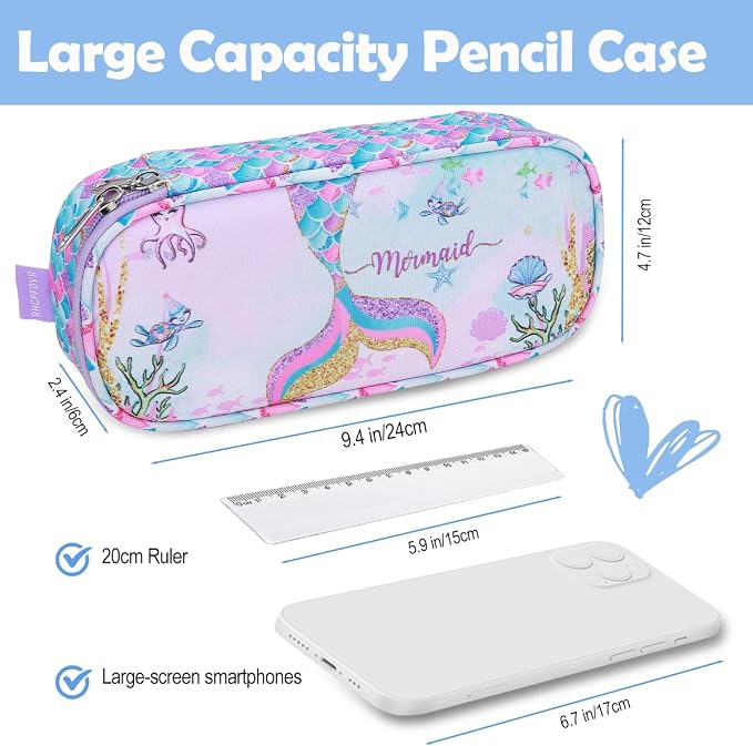RHCPFOVR Kids Pencil Case for Girls-Soft Zipper Large Capacity Pencil Pouch for Girls Pencil Case for School Pencil Bag for Toddler (Purple Mermaid)