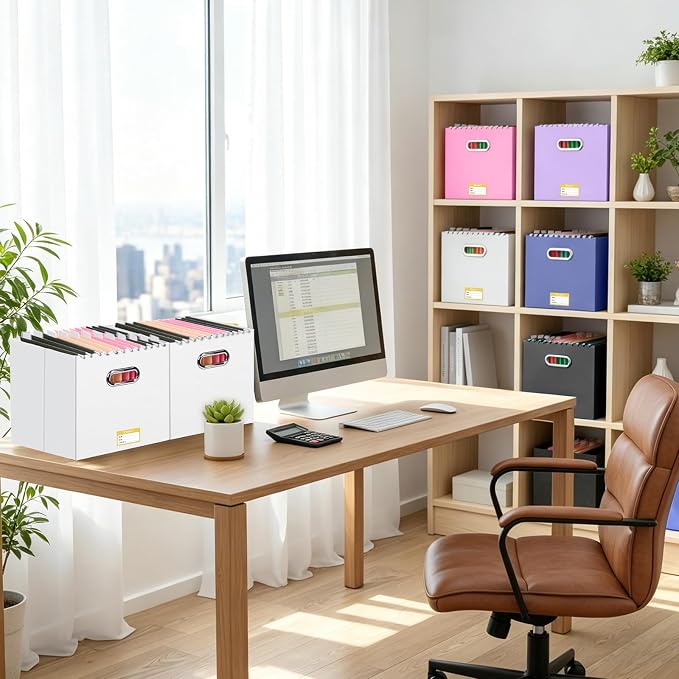BALEINE File Organizer Box, Cardboard File Folder Organizer with Handle for Letter Size, Portable Collapsible Hanging Filing Box for Home Office Document Storage (4 Pack, Large White)