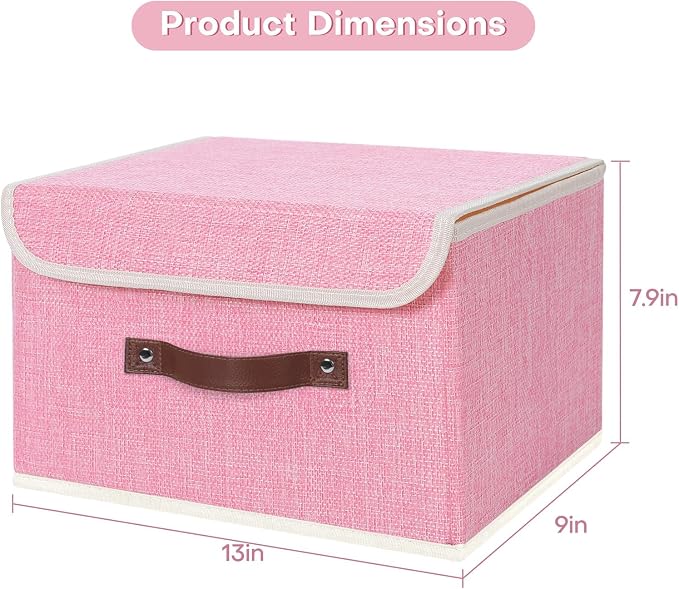 ANMINY 4PCS Storage Bin with Lid Storage Boxes with PU Leather Handles PP Plastic Board Decorative Foldable Lidded Cotton Linen Fabric Home Cubes Baskets Closet Organizer Container - Pink, Medium