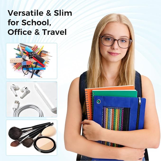 Pencil Pouch for 3 Ring Binder, Pencil Case Bag with Zipper, 600D Fabric Pencil Pouch Holder Accessories, Clear Window Pencil Case Aesthetic Back to School Organizer Pockets for Boy Girl (Blue)
