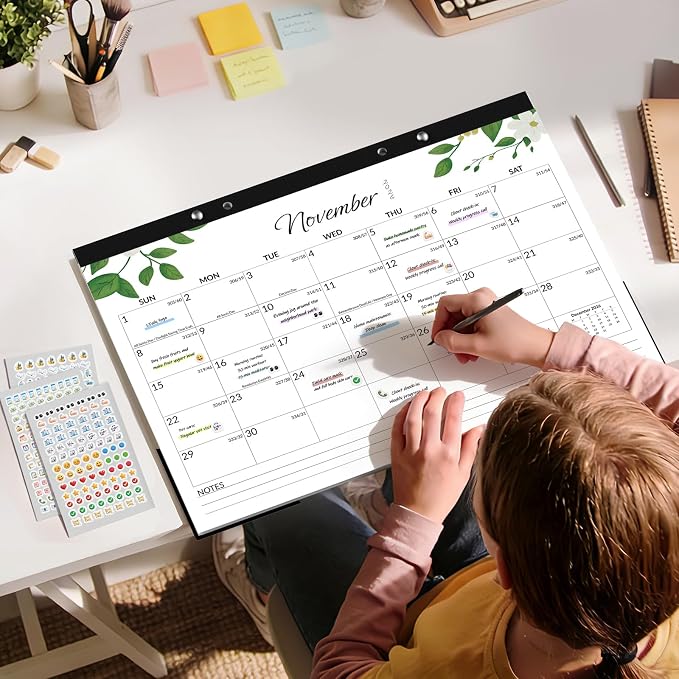 SUNEE Desk Calendar 2027 - 17" x 12" Desk Pad Calendar, 18-Month Monthly Planner Oct. 2026 - Mar. 2028, Desktop Calendar with 308 Planner Stickers, Plastic Protective Corners for Office, School and Home, Greenery