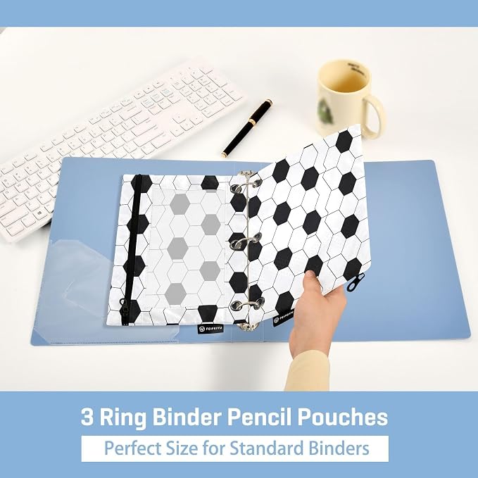 Gredecor 3 Ring Binder Pencil Pouch, Classic Soccer Ball Zippered Pen Case Pouches with Clear Window, 2 Pack Stylish Office & School Supplie