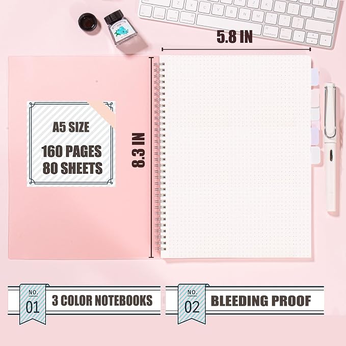 OWSC 4 Pack Dotted Spiral Notebook, Hardcover Notebooks for Work A5 Dot | 5.9 x 8.3 IN Notebooks College Ruled for Note Taking, School and Journal with 80 Sheets/160 Pages 110 GSM Thick Papers