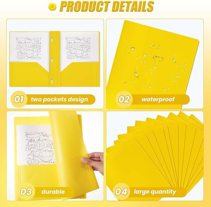 Yeaqee 400 Pcs Plastic 2 Pocket Folders with Prongs Bulk for Back to School, 3 Prong File Folders Fit Letter Size Paper, for School Office Homework Paperwork Organization Supplies (Yellow)