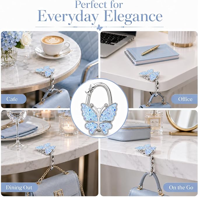 Purse Hook for Table, Foldable Handbag Hanger for Women, Portable Bag Holder with Non-Slip Base, Cute Bling Light Blue Butterfly Purse Table Hook for Restaurant Office Travel Gift