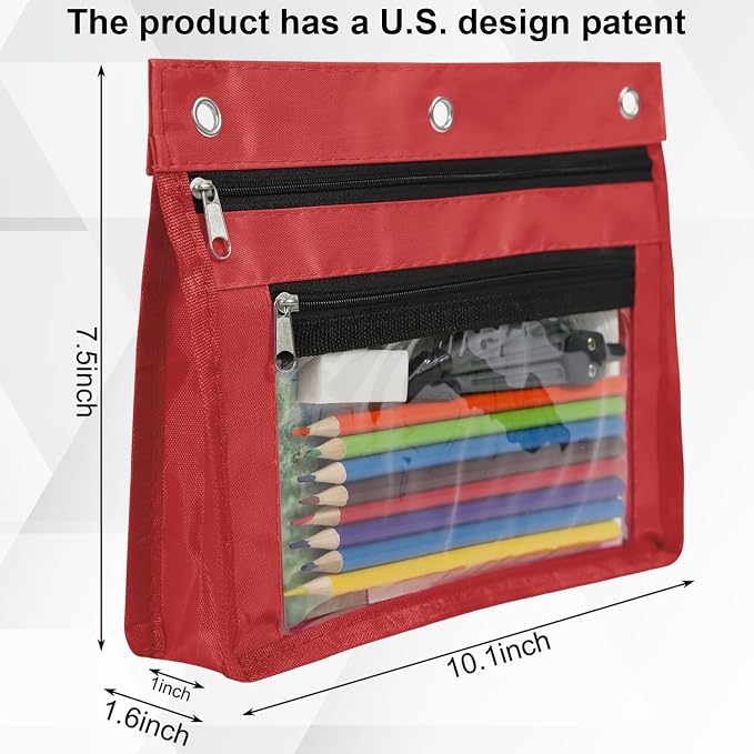 YoeeJob 2 Pack 1 Inch Expandable Zipper Pencil Pouches with Clear Window for 3 Ring Binder, Suitable for School & Office（Red）
