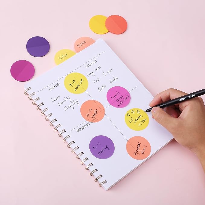 Mr. Pen- Round Transparent Sticky Notes, 1.8”, 8 Pads with Black Fineliner | 400 Sheets, Smooth Writing, Water-Resistant, Clean Removal, Easy-Peel Sticky Notes for Bible Journaling & Planning, Sunset