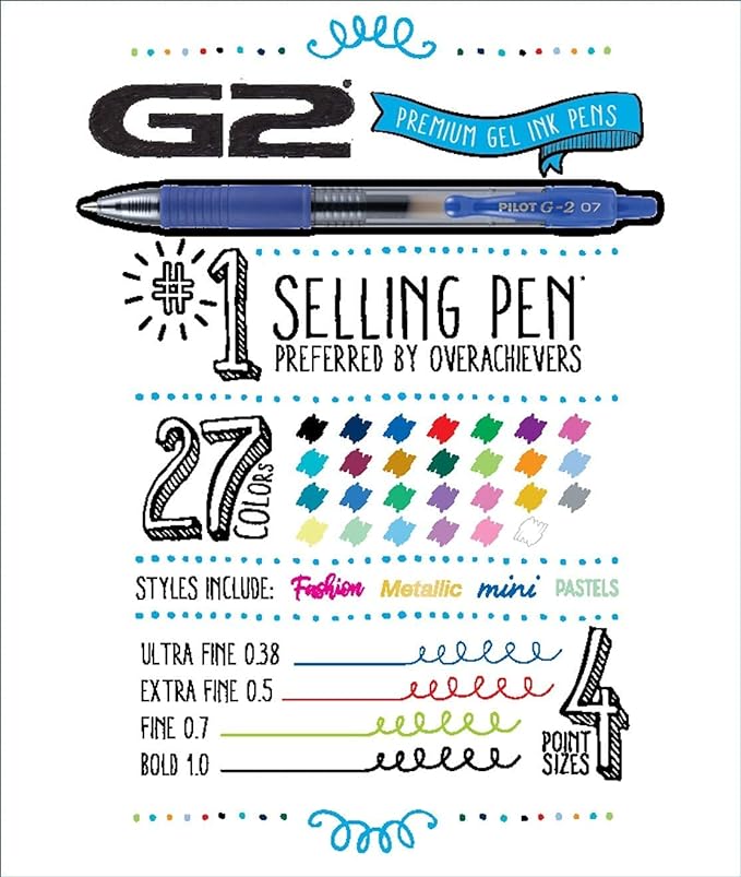 Pilot G2 Premium Refillable and Retractable Gel Ink Pens Fine Point (0.7mm), Retractable Pens, 7 Colors, 8 Count