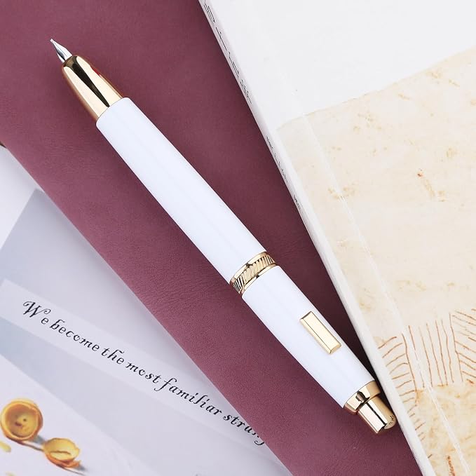 Majohn A1 Press Fountain Pen Fine Nib with Converter, Retractable White Golden Writing Set (No Clip Version)
