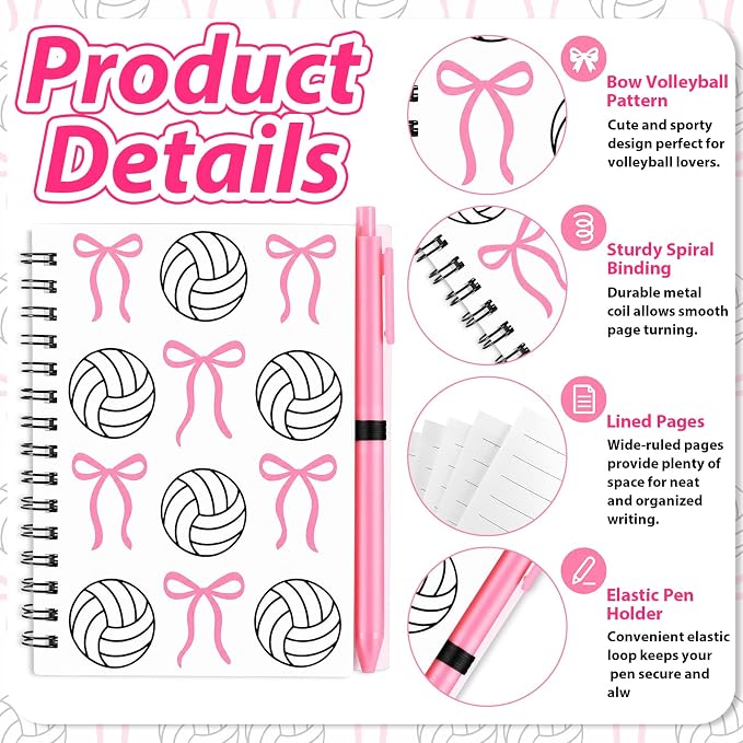 Engrowtic 20 Set Pink Volleyball Gifts, Volleyball Bow Notebooks with Pens Bulk Spiral Pocket Notebooks Lined Journal with Pink Pens Gifts for Team Players Christmas Coach Cheerleader