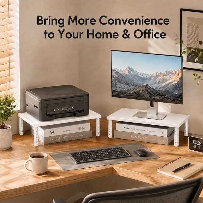 OPNICE Monitor Stand Riser for Desk, Adjustable Computer & Laptop Stand, Desk Organizer for Monitor, Laptop, PC, Printer, Office Desk Accessories for Home & Office, White Wood