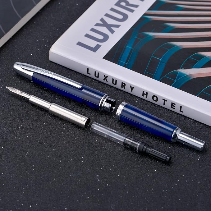 Jinhao 10 Press Fountain Pen with Box, Glacier Blue Retractable Fine Nib with Ink Converter Set (Silver Clip)