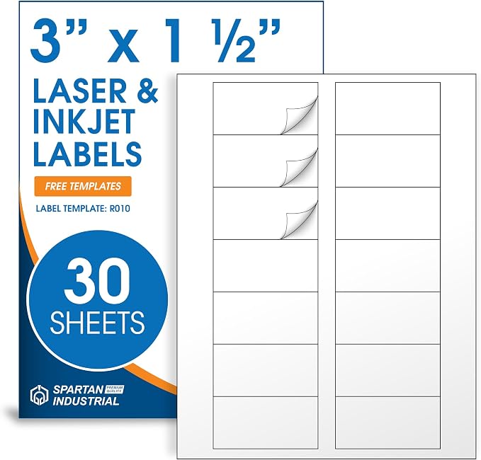 3" X 1.5" Matte White Printable Address Labels (30 Sheets, 420 Stickers) | Mailing Labels and Product Packaging Stickers for Laser & Inkjet Printers - Spartan Industrial Template R010