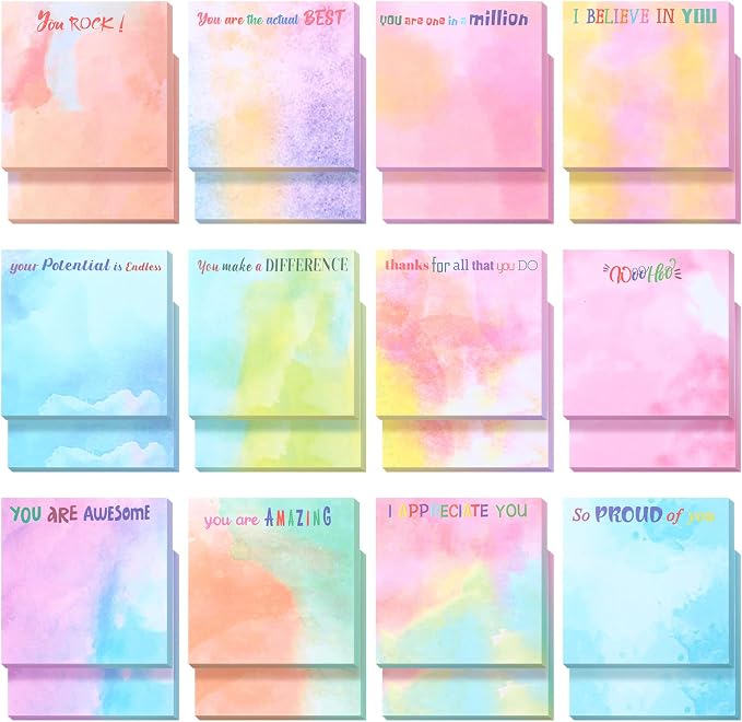 Yinder 24 Pcs Inspirational Sticky Notes, Back to School Supplies, Cute Motivational Sticky Notes Pad Employee Appreciation Gifts Bulk for Teacher Coworker Office 3 x 3'' (Thank You,Water Color)