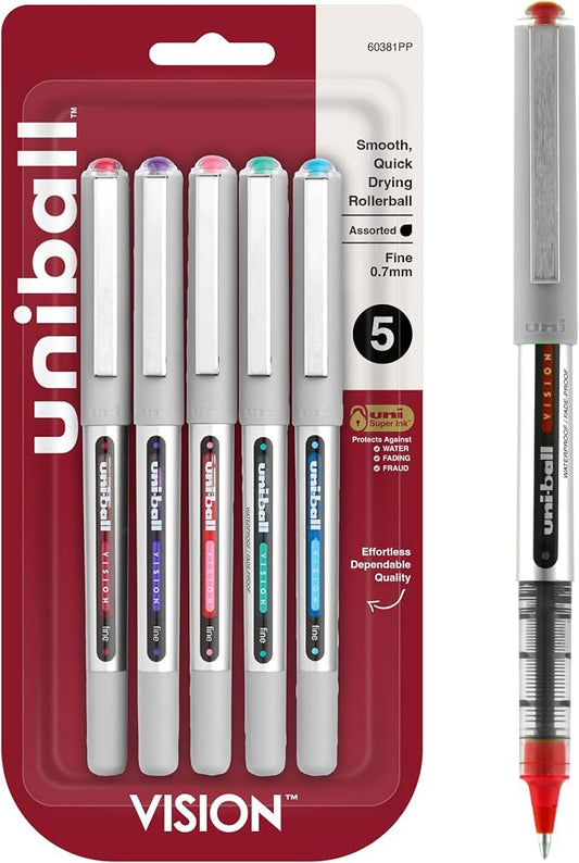 Uni-Ball 60381PP Vision Rollerball Pens, Fine Point (0.7mm), Fashion Colors, 5 Count