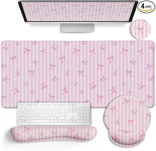 LIMKRIAN Pink Striped Mouse Pad Desk Mat Set, Cute Back to School Supplies | Ergonomic Wrist Rest Mouse Pad, Wrist Support Keyboard Mat, Coaster, Mousepad for Computer Office Desk Decor Accessories