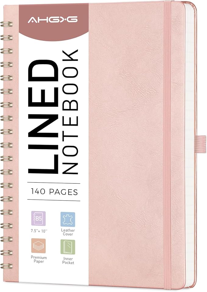AHGXG Lined Spiral Journal Notebook, 140 Pages, B5 (7.6" x 10") | Journals for Women, Hardcover Leather Notebook College Ruled, 100 GSM Paper, for Work School Note Taking (Rose gold)
