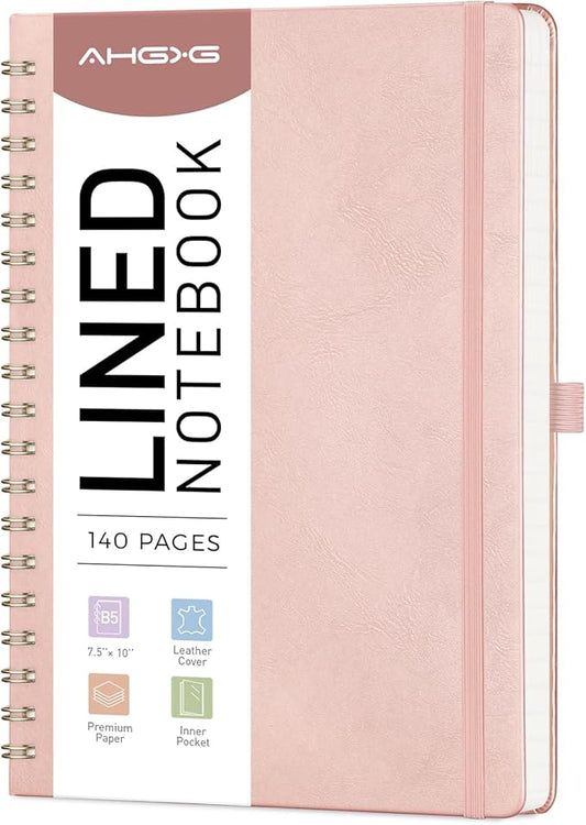 AHGXG Lined Spiral Journal Notebook, 140 Pages, B5 (7.6" x 10") | Journals for Women, Hardcover Leather Notebook College Ruled, 100 GSM Paper, for Work School Note Taking (Rose gold)
