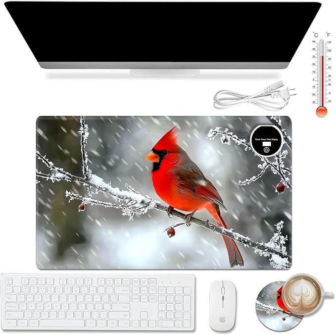 Heated Desk Pad Mouse Pad,Heated Desk Mat,with 3 Heating Levels & 3 Hours Auto Shut-Off,Leather 23.6"*14.2" Gaming Mouse Laptop Mat,Foot Warmer,Red Main Cardinal Bird