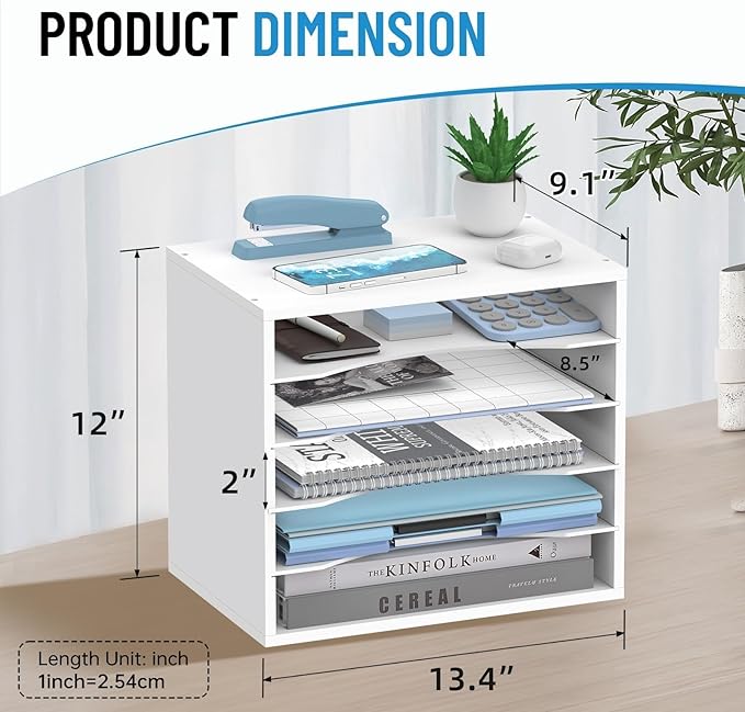 5-Tier Paper Organizer for Desk, Adjustable Mail Organizer, White | 5-Tier Paper Organizer and Mail Organizer for Desk with Adjustable Shelves for Letter Size Files Folders and Office Supplies