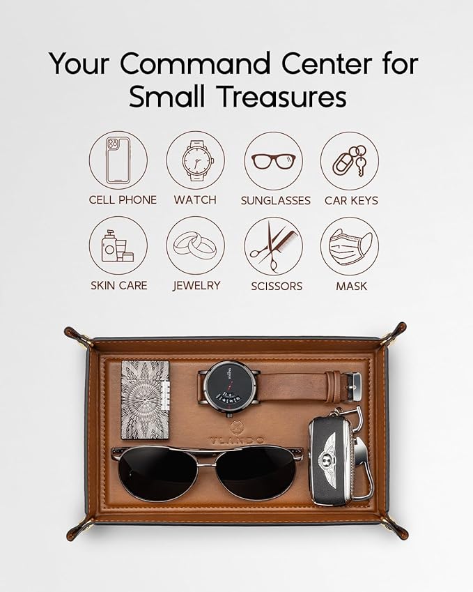 VLANDO Travel Valet Tray for Women, Foldable PU Leather, Light Brown | Travel Catchall Tray, Jewelry Tray and Dresser Organizer for Keys, Wallet, Watch, Glasses, Rings and Small Accessories