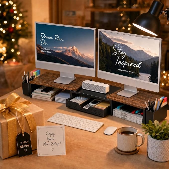OPNICE Desk Organizers and Accessories, Dual Monitor Stand Riser with Drawer and 2 Pen Holders, Desk Shelf Wood Computer Racks for Office Workspace Organizers, Desktop Organization (Rustic Brown)