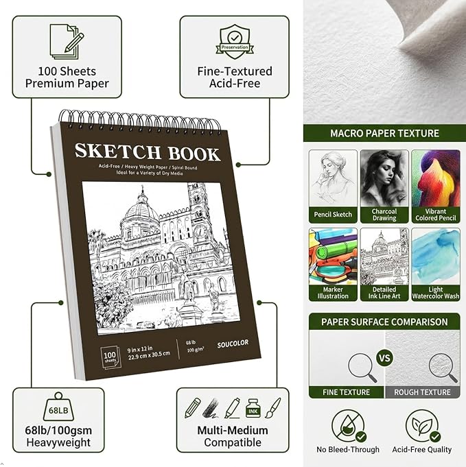 Soucolor Sketchbook 8.5x11,100 Sheets Thick Acid-Free Drawing Paper | 68lb/100gsm Lay Flat Sketch Pad Art Notebook for Adults Artists Teachers Students Classroom