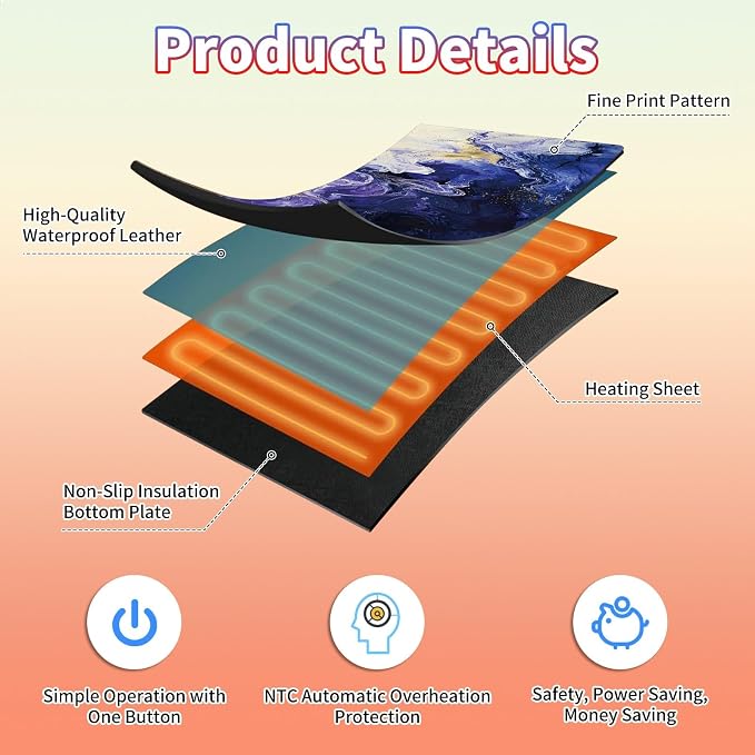 Heated Desk Pad Large Mouse Pad 31.5 x 13 inch with 3 Levels Heating & Auto Shut-Off Warm Mouse pad PU Leather Computer Mousepad for Home Office Work - Purple Marble