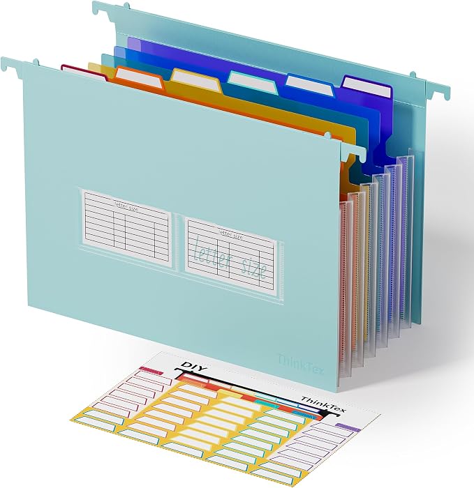 ThinkTex Plastic Expanding Hanging File Folders, 7 Innovative 1.2" Accordion Pockets, Large Capacity, Multi-Color Tabs, Letter Size for Filing Cabinet - Green