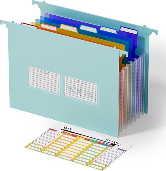 ThinkTex Plastic Expanding Hanging File Folders, 7 Innovative 1.2" Accordion Pockets, Large Capacity, Multi-Color Tabs, Letter Size for Filing Cabinet - Green