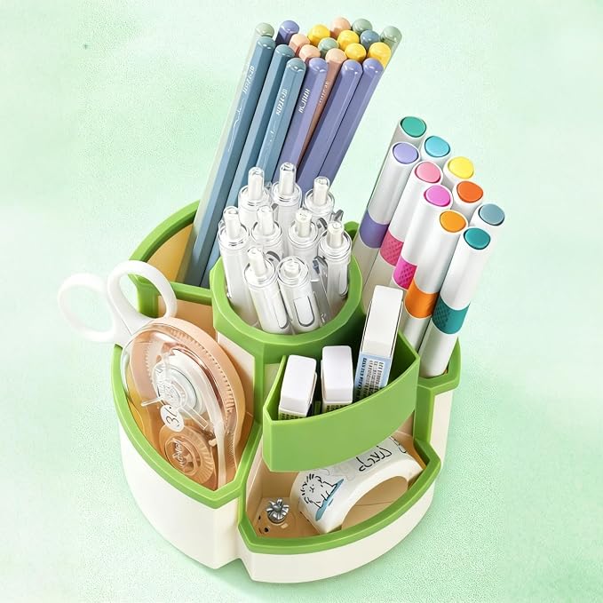 Pencil Holder for Desk Rotating Pen Organizers Green Small Desktop Organizer Desk Storage Caddy Ideal for Office, Home, School,Classroom (White & Green)