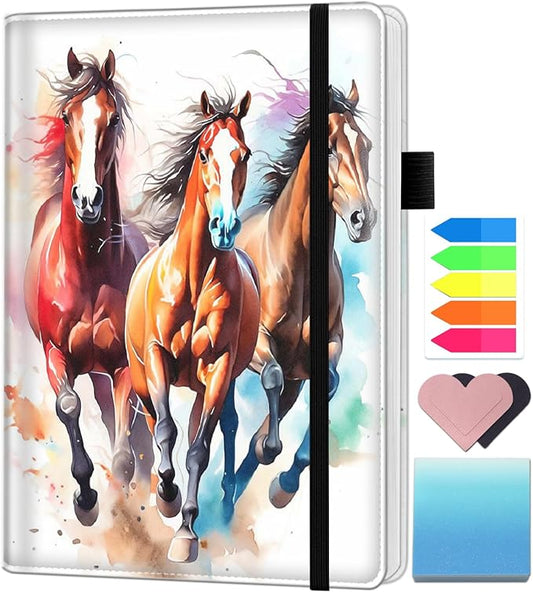 A5 Leather Lined Journal Notebook, 200 Pages Hardcover Executive Notebook for Men Women Office School Note Taking, Thick Writing Paper Daily Journal with Bookmarks/Indexes, Watercolor Horse