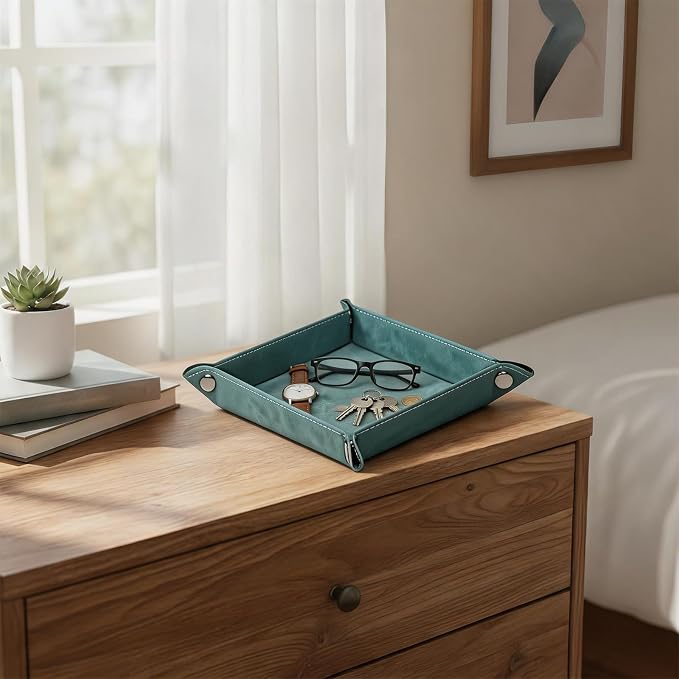 Valet Tray Desktop Storage Organizer – Vegan Leather Catchall Bedside Vanity Tray Nightstand Caddy Holder for Remote Controller, Watch, Keys, Phone, Wallet, Coin, Jewelry, Stone Green