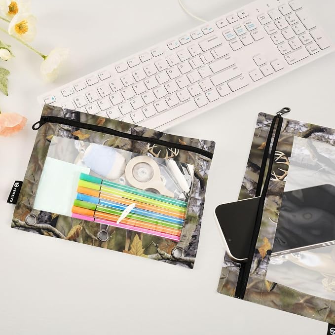 Camo Deer Hunting Pencil Pouches for 3 Ring Binder, Zipper Binder Pencil Case, 2 Pack Clear Window Case Bag for Office Organizers