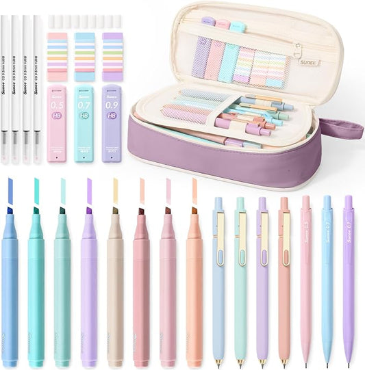SUNEE 35PCS Aesthetic Stationery Set with Cute Pencil Case, Pastel Highlighters, Black Gel Pens, Mechanical Pencils & Refills, College School Supplies for Students Girls Purple