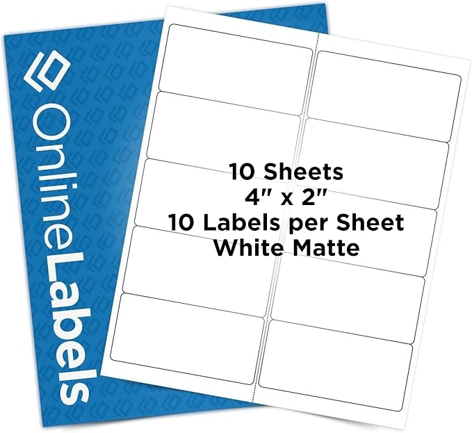4 x 2 Rectangle Mailing Labels - Permanent, White Matte - Address, Shipping, Gift - Pack of 100 Labels, 10 Sheets - Inkjet/Laser Printers