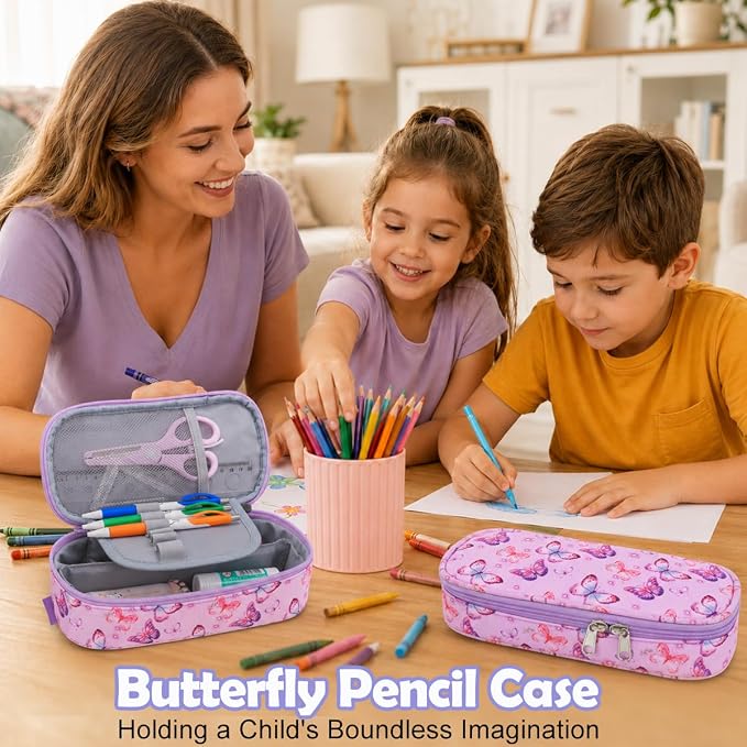 RHCPFOVR Kids Pencil Case for Girls-Soft Zipper Large Capacity Pencil Pouch for Girls Pencil Case for School Pencil Bag for Toddler (Purple Butterfly)