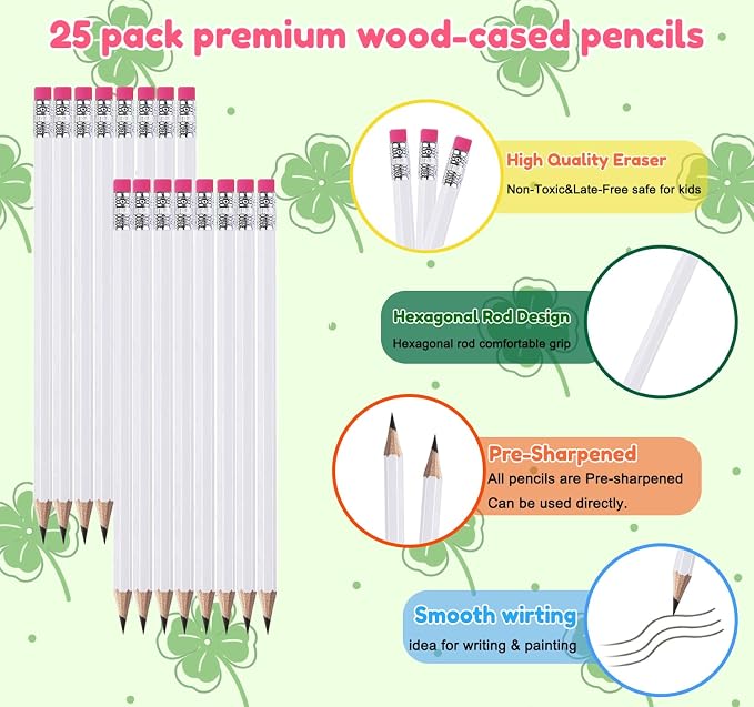 Adhere 25pcs Woodcase Pencils with Eraser Premium Pre-Sharpened Hexagon Graphite 2B pencils ideal for home, office writing including a Free Sharpener(White・25pcs)