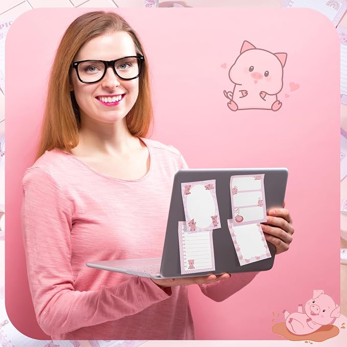 Chiisong 12 Pads Piggy Sticky Notes 3x4 Inch Cute Self Stick Notepads Notes Adhesive Memo Pad Office Decor Gifts Pink Kawaii Memo for Christmas Students School Teacher Meeting Office Supplies