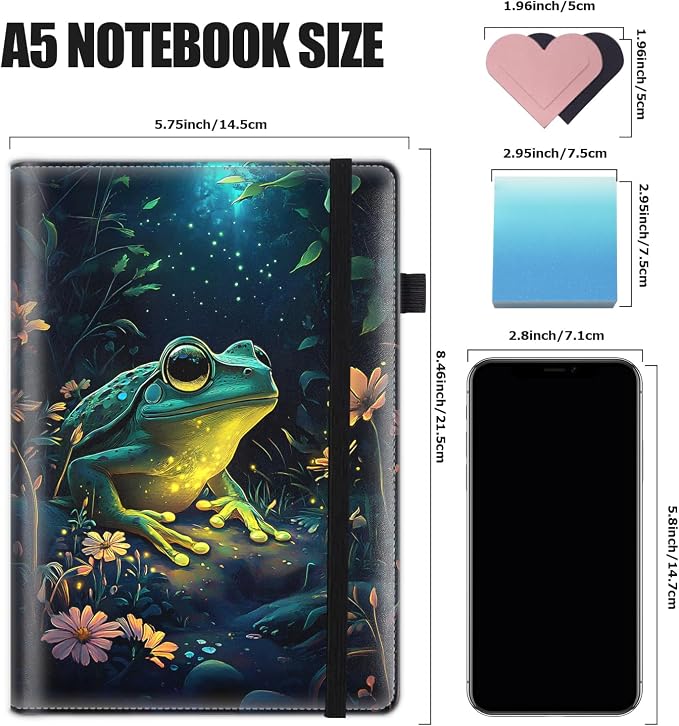 Hardcover Executive Notebooks, A5 PU Leather Lined Journal Notebook, 200 Pages Thick Paper Subject Notebooks for School,Work,Home Writing Business Notebook, Diary Book, Green Frog