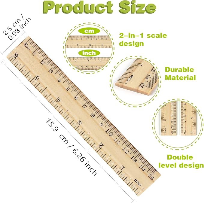 ZZTX 3 Pack Wooden Ruler 6 Inch（15 cm) | 2-in-1 scale design, Durable material, Double level design